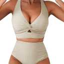 Herseas Women's Textured Bikini Sets Twist Front Top Swimsuits High Waisted Bathing Suits (Medium, Beige)