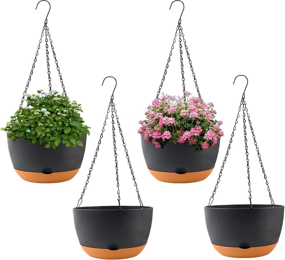 KPUVX 4 Pack Plastic Hanging pots for Plants Indoor,8 Inch Plant Pot Indoor Outdoor Hanging Baskets,Hanging Flower Pots with Drainage Holes and Chain for Garden Porch Plants (Black)