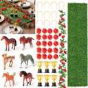 R HORSE Derby Horse Party Centerpiece - 44Pcs Derby Party Decorations for Table with Artificial Grass Table Runner Roses Garland Horseshoe Mini Horses and Trophy for Horse Racing Supplies Table Decor