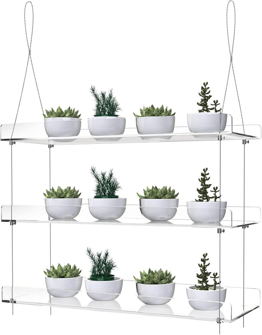 3-Tier Hanging Acrylic Plant Shelves for Windows, Each Tier 16 Inch Long, Height Adjustable Plant Stand, Clear Hanging Plant Stand for Indoor Windows, Grow Herbs,Flower