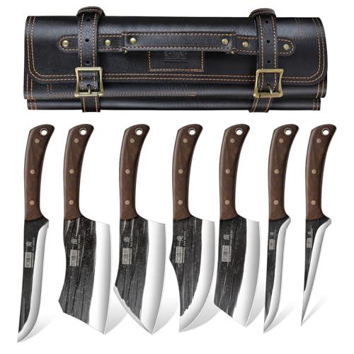 HOSHANHO Butcher Knife Set, Hand Forged Butcher Chef Knife Set with Roll Bag, Sharp Meat Cleaver Knife & Bone Chopper Knives & Fillet Knives for Home & Camping & BBQ Gift for Men