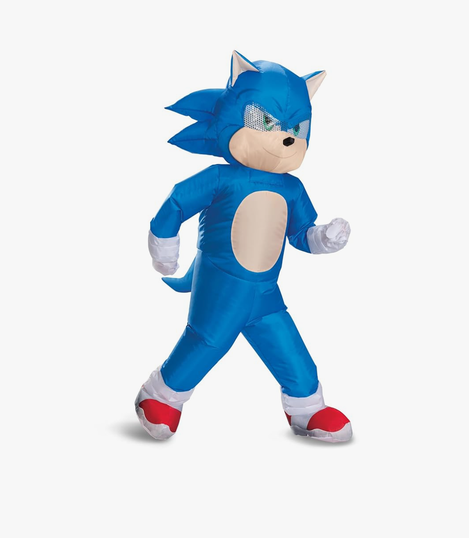 Disguise Sonic Inflatable Kids Costume, Official Sonic Move 3 Inflating Costume with Fan, One Size Child Torn leg