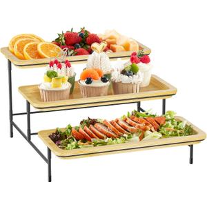 Lifewit 3 Tier Bamboo Serving Tray for Party Supplies, 12" x 6.5" Platters for Serving Food, Reusable Trays with Black Metal Display Stand for Veggie, Fruit, Cookies, Dessert