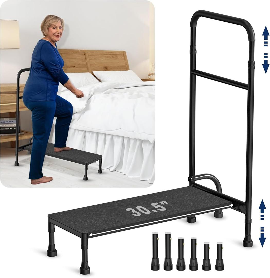 Bed Step Stool with Adjustable Handle for Elderly Adults, 30.5" Long Bedside Step Stools with 5 Leg, Medical Heavy Duty Stepping Stool with Handrails for High Beds, Bedside, Step, SUV, Bathtub