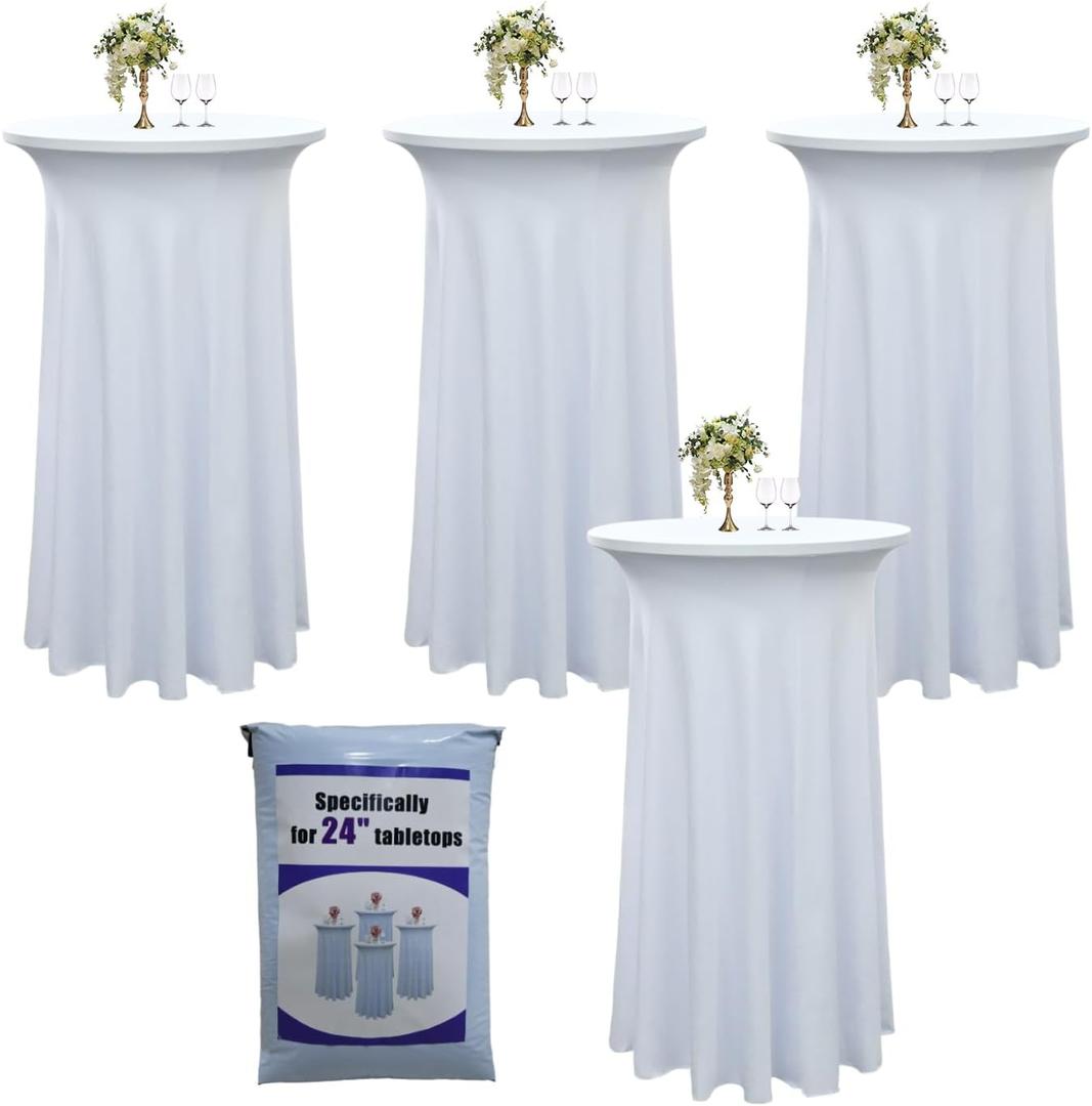 4-Pack 24"x43" White Round Cocktail Table Skirts | Stretch Spandex Fitted Tablecloths | Wrinkle-Resistant, Stain-Resistant, and Machine Washable for Bars, Weddings, Parties, and Banquets