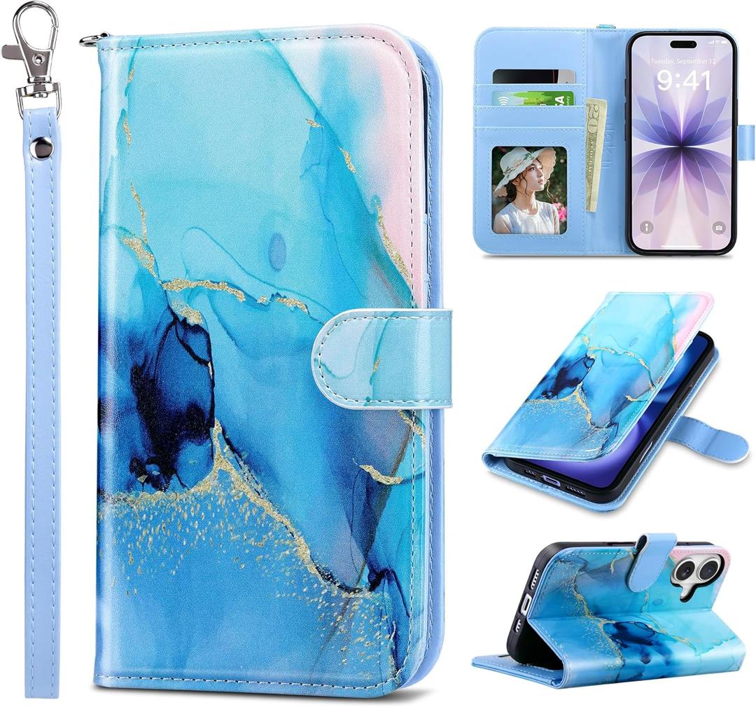 ULAK Compatible with iPhone 17 Wallet Case [RFID Blocking], Women PU Leather Shockproof Protective Folio Flip Cover with Card Holder Kickstand for iPhone17 6.3 inch 2025, Marble Blue