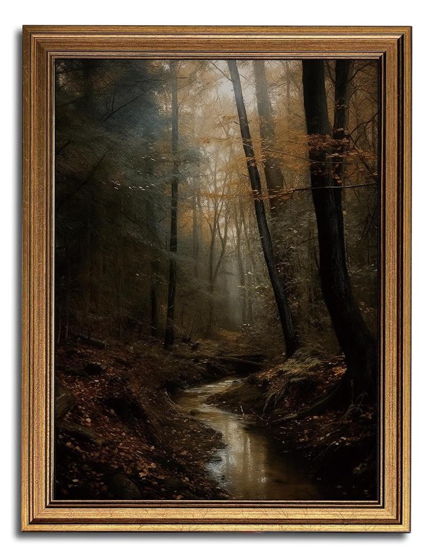 CHMMART Vintage Gold Framed Wall Art Dark Forest Canvas Art Prints Nature Landscape Pictures Wall Decor Woodland Aesthetic Paintings Artwork for Living Room Bedroom 16x24in
