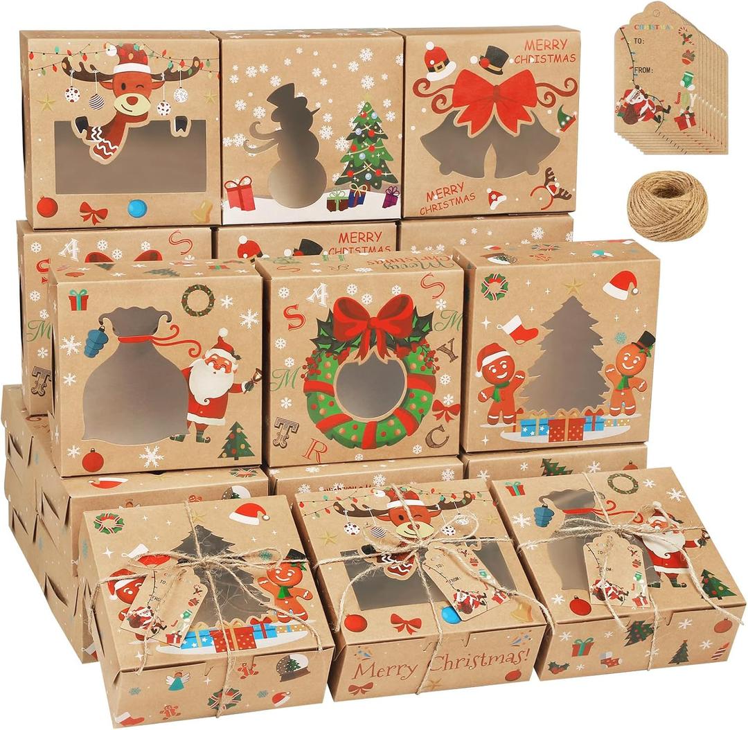 Fovths 24 Pack Christmas Cookie Boxes 6 x 6 x 2.5 Inches Cupcake Gift Boxes with Window Brown Kraft Bakery Holiday Candy Box Treats Food Container with Tags for Gift Giving, Pastries, Pie, Doughnut