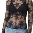2 x Women's Lace Tops Mesh Sheer Long Sleeve See Through Undershirt (Black, M)