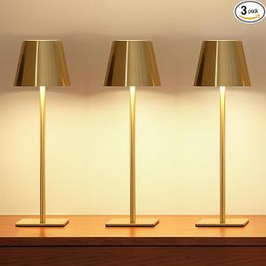UME 3 Pack Cordless Table Lamp, Battery Operated Lamp  Portable Waterproof Rechargeable Table Lamp w/ 3 Color Temps & Stepless Dimming for Dinner, Desk, Cafe, Outdoor (Brushed Gold)