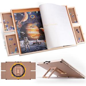 1500 Pieces Rotating & Tilting 2-in-1 Puzzle Board 26" x 35" with 4 Drawers 1 White Mat 1 Lazy Susan for Adults, Wooden Portable Storage Jigsaw Puzzle Table with Handle Ideal Gift