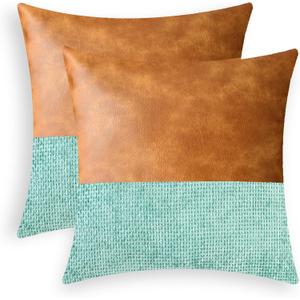 CaliTime Throw Pillow Covers Pack of 2 Soft Faux Leather Solid Dyed Cross Chenille Cushion Cases for Couch Sofa Home Decoration 18 X 18 Inches Light Teal Green
