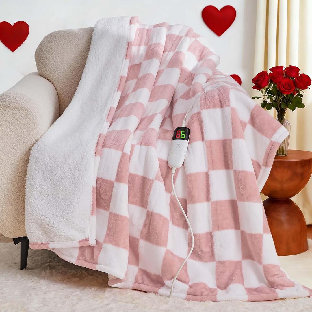 Light Pink Heated Blanket Electric Throw, 50X60 Heating Blanket with 10 Heat Levels & 8 Hours Auto Off for Lap, Checkered Plaid Soft Sherpa Blankets Warmer Gifts for Couch Grandma Women Adults