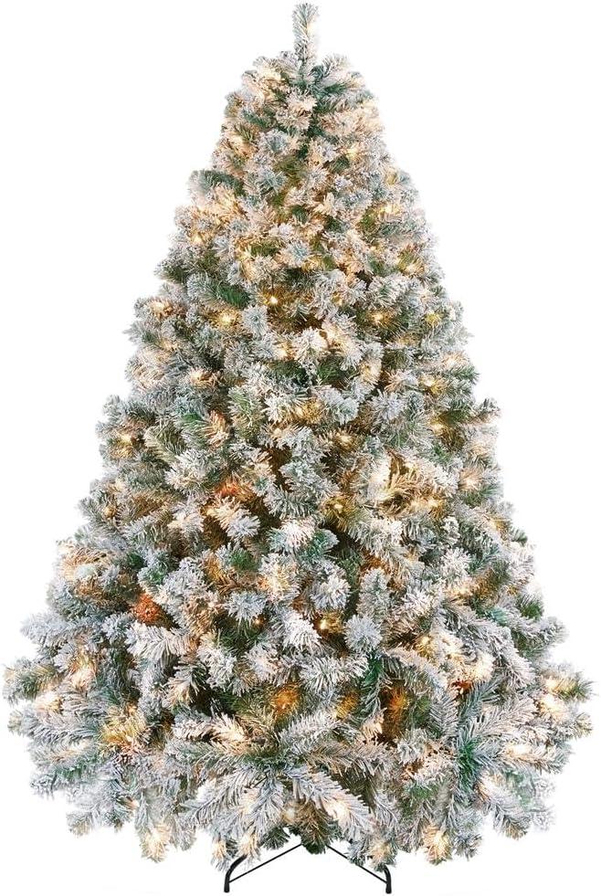 6ft Snow Flocked Pre-lit Christmas Tree with 250 Warm White Lights, 820 Lush Branch Tips & Quick-Assembly Hinged Design, Full Artificial Xmas Tree for Winter Holiday Décor, Green & White