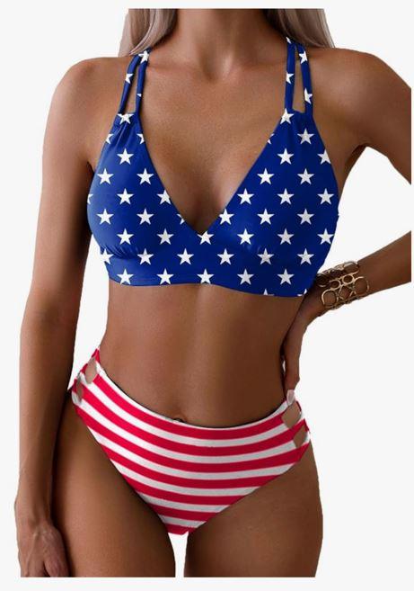 Tainehs Women's Push Up V Neck Bikini Sets Criss Cross Back Two Piece Bathing Suit M