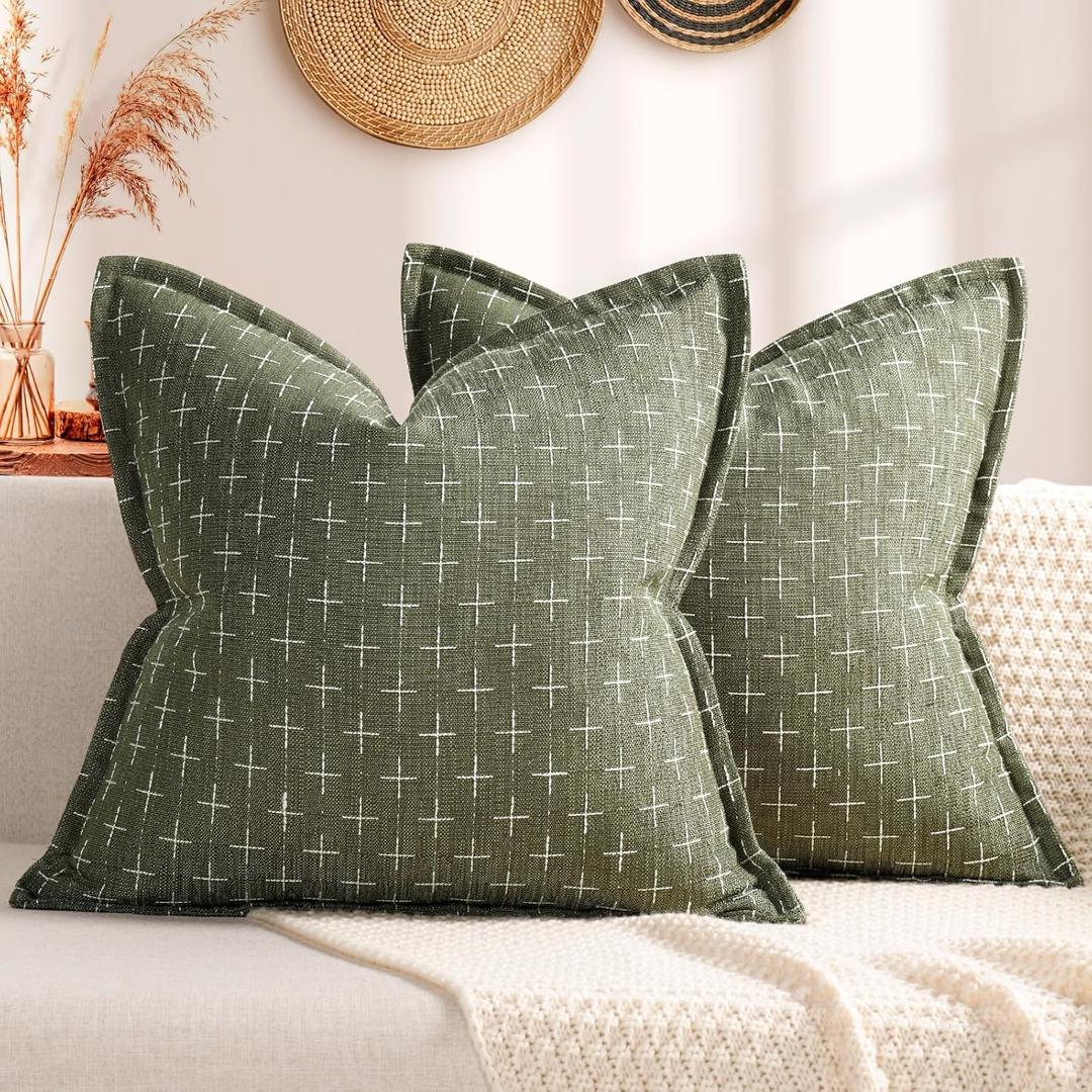 ZWJD Pillow Covers 18x18 Set of 2 Soft Polyester Textured Pillow Covers with Stylish Flange Edge Cozy Farmhouse Throw Pillows for Couch Bed Sofa Living Room (Olive Green)