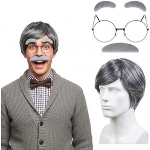 Pistha Old Man Costume Accessories Including Grey Old Man Wig Glasses and Faux Eyebrows Mustache for Grandpa Cosplay