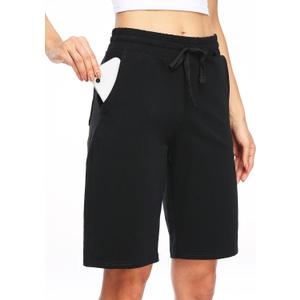 Willit Women's Shorts 10" Bermuda Cotton Long Shorts Yoga Exercise Knee Length Workout Athletic with Pockets (XL, Black)