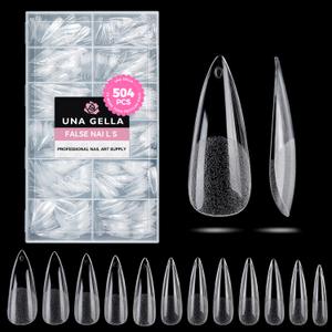 UNA GELLA Long Stiletto Nail Tips 504PCS, Full Cover Pre-Etched Long Stiletto Almond Clear Fake Nails Tips, Sturdy Acrylic Press on Nails, No C Curve Soft Gel Tip for DIY Nail Extension kit 12 Sizes