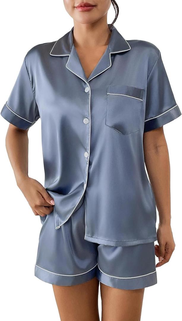 Womens Silk Satin Pajamas Set Short Sleeve Sleepwear Button Down Loungewear Dusty Blue Small