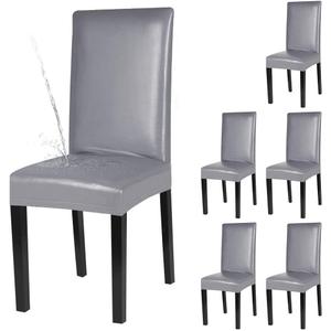 Dining Chair Covers, Solid Pu Leather Waterproof and Oilproof Stretch Dining Chair Protector Cover Slipcover (Pure Grey, 6 Pack)