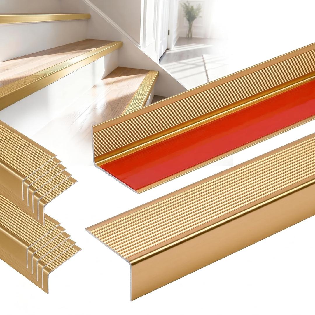 Raytano 10Pack 48" L Heavy-Duty Metal Stair Nosing, 1.2" x 2"W Self-Adhesive Non-Slip Aluminum Stair Edge Protector for Indoor and Outdoor Steps L- Molding (48in x 1.2 in x 2 in,Golden)