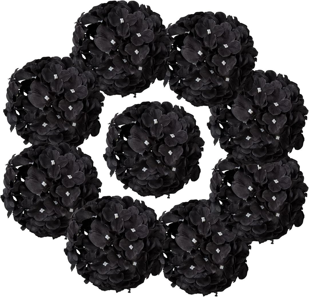 Black Silk Hydrangea Heads Artificial Flowers Heads with Stems for Home Wedding Decor,Pack of 10(Black)