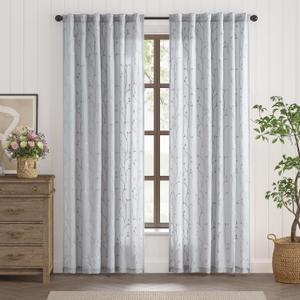 jinchan Grey Sheer Curtains for Bedroom 84 Inch Length Leaf Embroidered Semi Sheers for Living Room Botanical Embroidery Voile Transparent Grommet Window Treatments 2 Panels