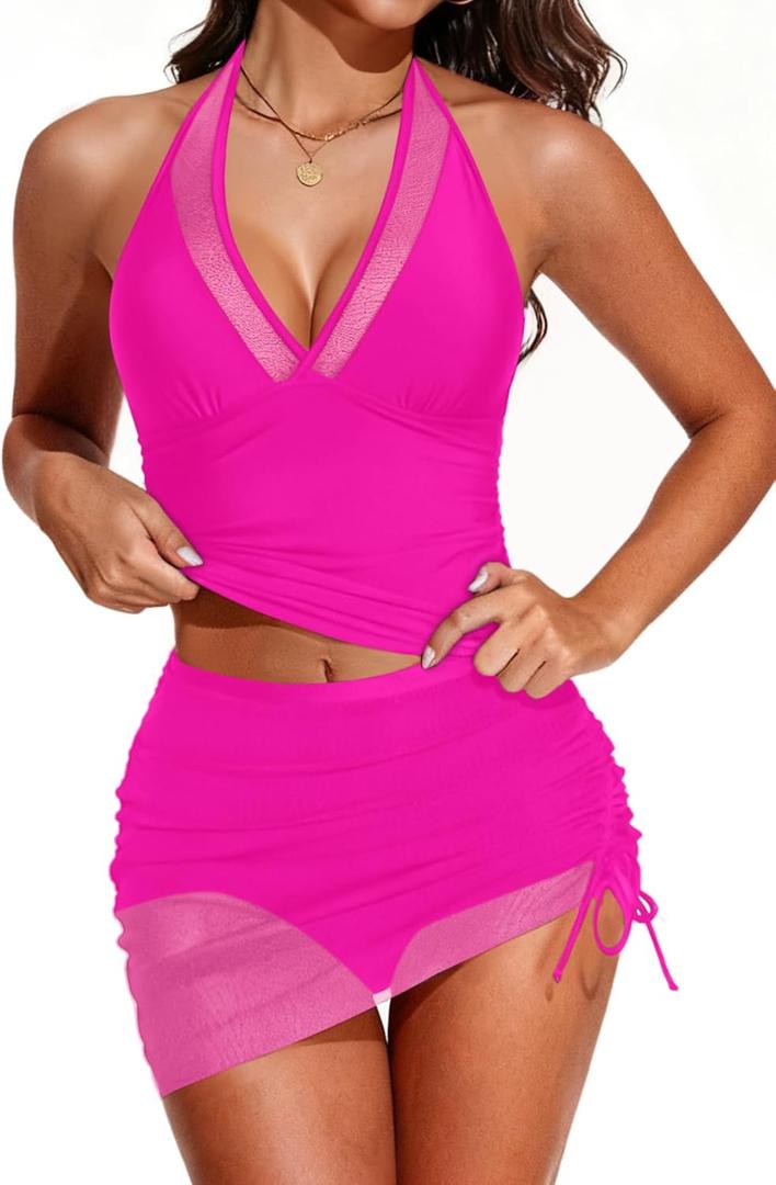 Tankini Bathing Suit for Women - Two Piece Swimsuit with Skirt Tummy Control Swimwear Halter Mesh Swim Dress 2025 (X-Large, Hot Pink)