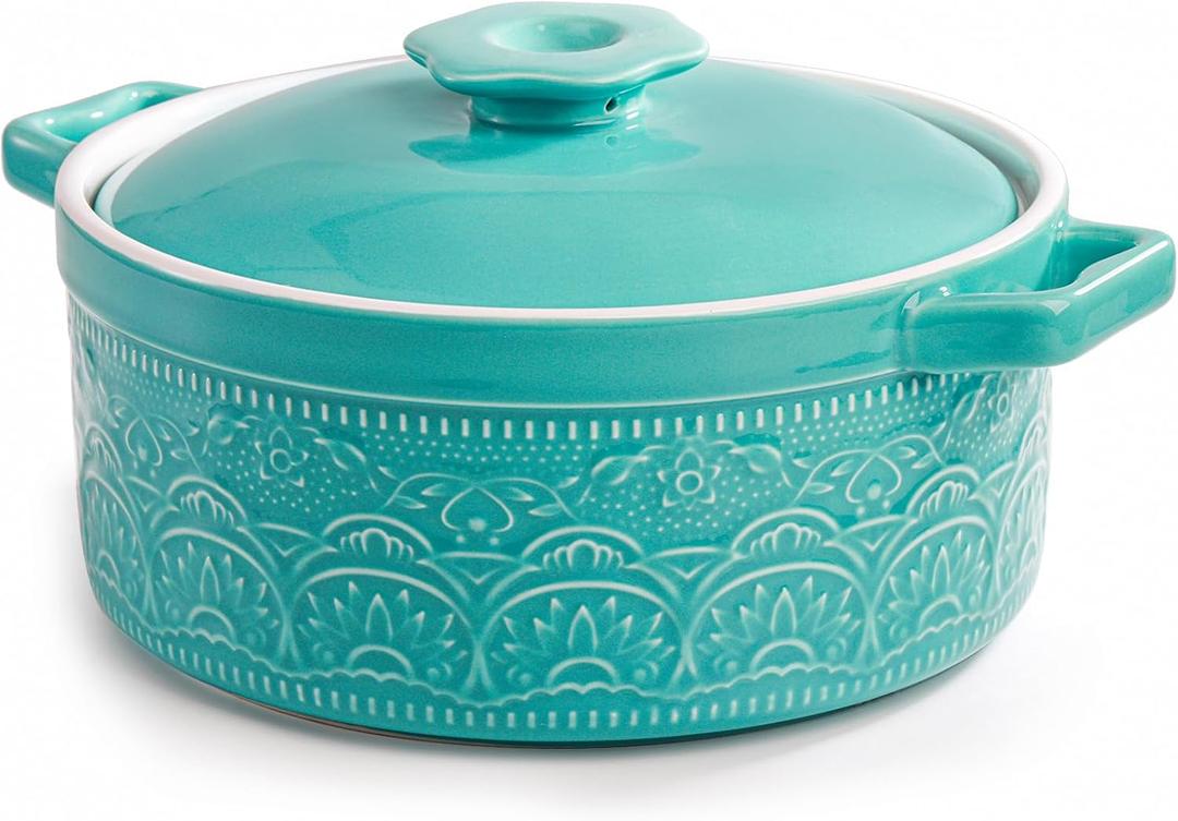 Elsjoy 2 Quart Round Ceramic Casserole Dish with Lid, 7.5 Inch Covered Casserole for Oven, Glazed Ceramic Baking Dish Vintage Bakeware for Kitchen, Turquoise