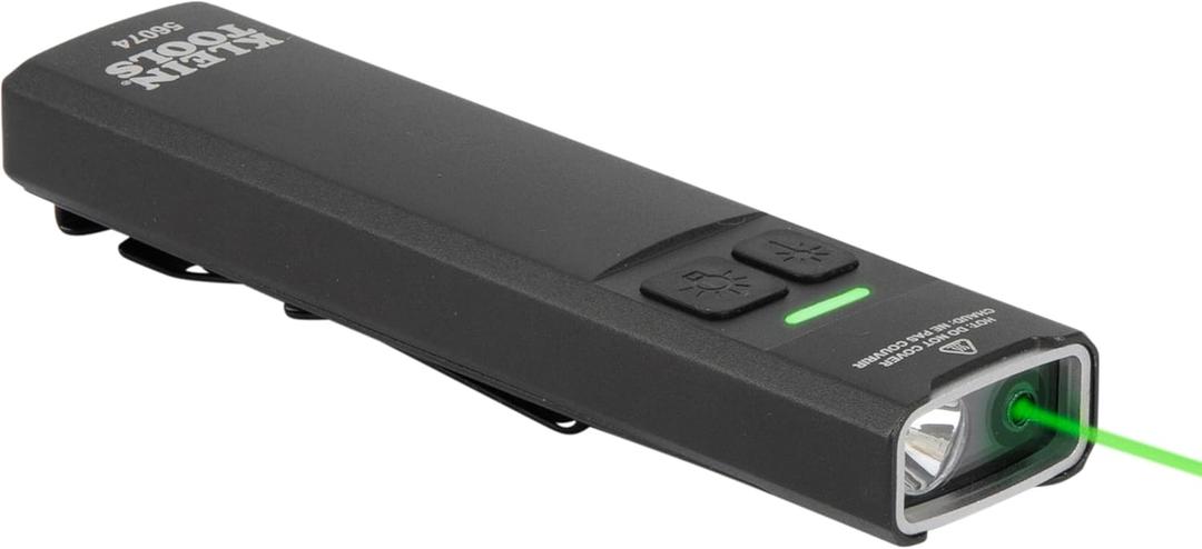 KLEIN TOOLS 56074 EDC Pocket Flashlight with Green Laser, Three Brightness Modes up to 1000 Lumens with Turbo Mode, Built-in Floodlight, <1mW, 510 to 530nm, Class 2, Rechargeable