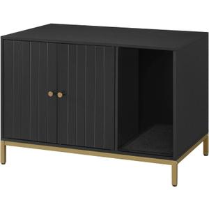 Feandrea Litter Box Enclosure, Modern Cat Litter Box Furniture Hidden, with Scratching Mat, Tall Legs, Cat House, Side End Table, 31.5 x 19.7 x 21.7 Inches, Black and Gold UPCL007B01