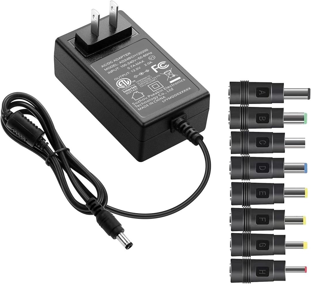 Kado Power Adapter 12V-2A 1.5A 1.25A 1A AC/DC Power Cord 5.5x2.1mm with 8 Tips Made for Sceptre Monitor, Echo Smart Speaker & Display, Webcam, Router, Mini PC, Projector, CCTV, Bluetooth Speaker