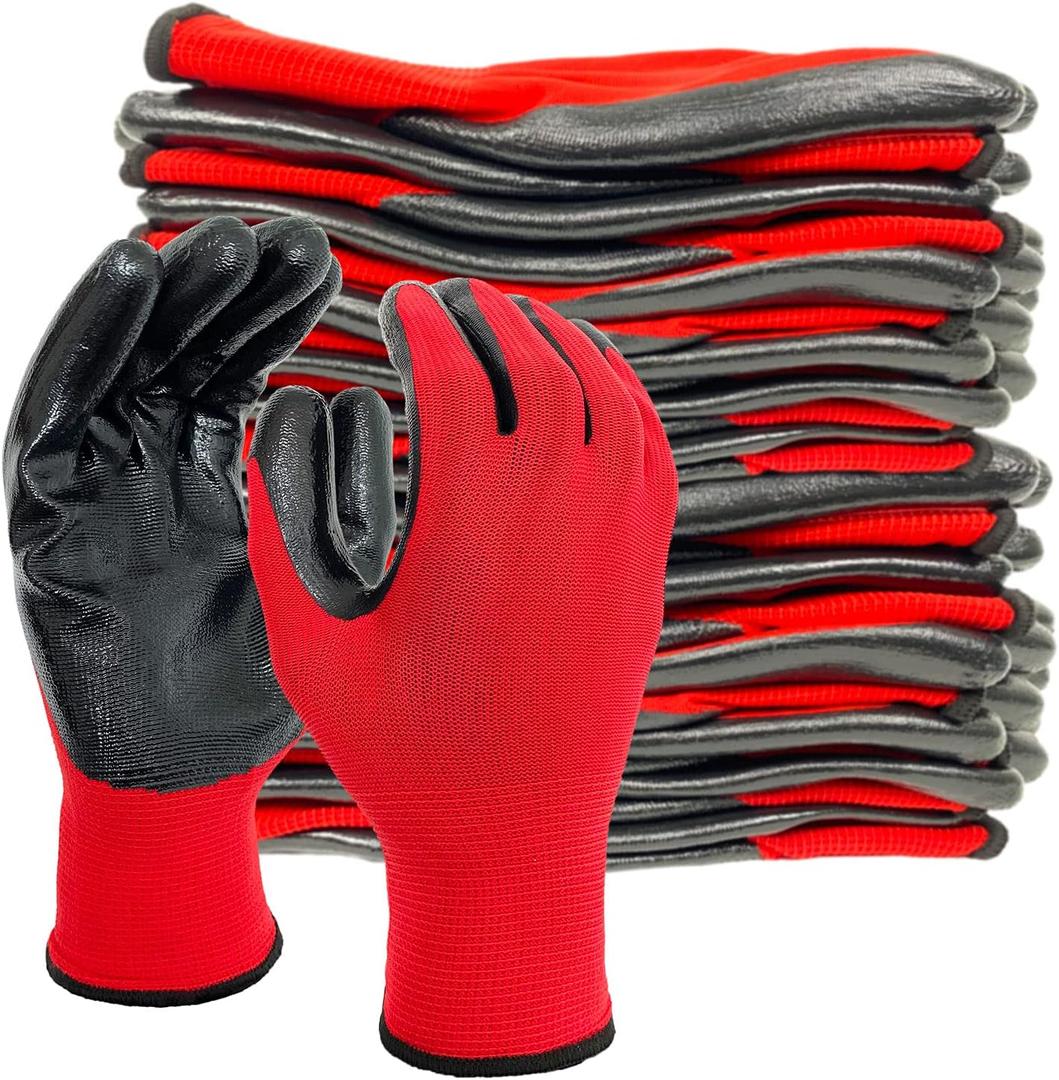 Evridwear Work Gloves with Grip Rubber Coated for Men Women Warehouse Mechanic,12 Pairs Bulk (X-Large (Pack of 12), Red)