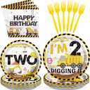 96 Pcs Construction 2nd Birthday Party Supplies Construction Truck Plates and Napkins Tableware 350GSM Excavator Birthday Decorations Favors for Boys Tractor Dump Two Years Old, Serves 24