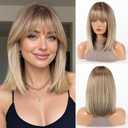 HAIRCUBE Bob Wigs for Women Synthetic Wig with Fringe Blonde with Dark Roots Color