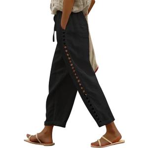 Puimentiua Women's Linen Capri Pants with Drawstring Petite Summer Beachwear Lightweight Elastic Waist Pants, Black, XL
