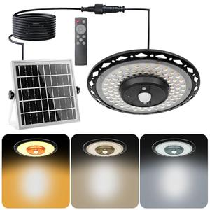 CREATESTAR Solar Pendant UFO Light 3000LM, Gazebo Indoor Outdoor Motion Sensor Dimmable Brightness Remote Control Waterproof for Patio Porch Garage Lights