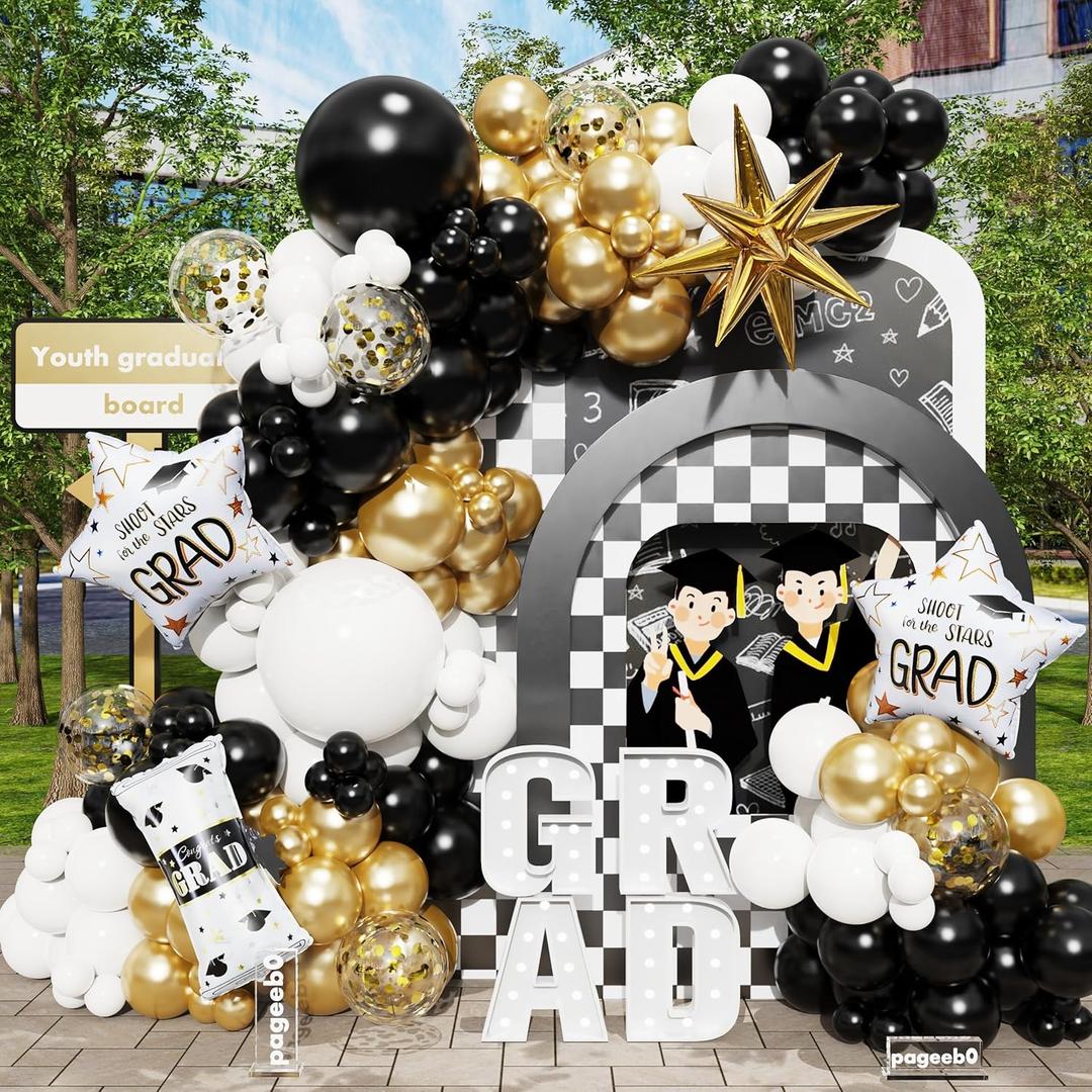 PageebO Graduation Balloon Garland Arch Kit, 150Pcs Black and Gold White Balloons with Graduation Certificate Star Foil Balloons For Graduation Party Class of 2026 Grad Prom Decorations