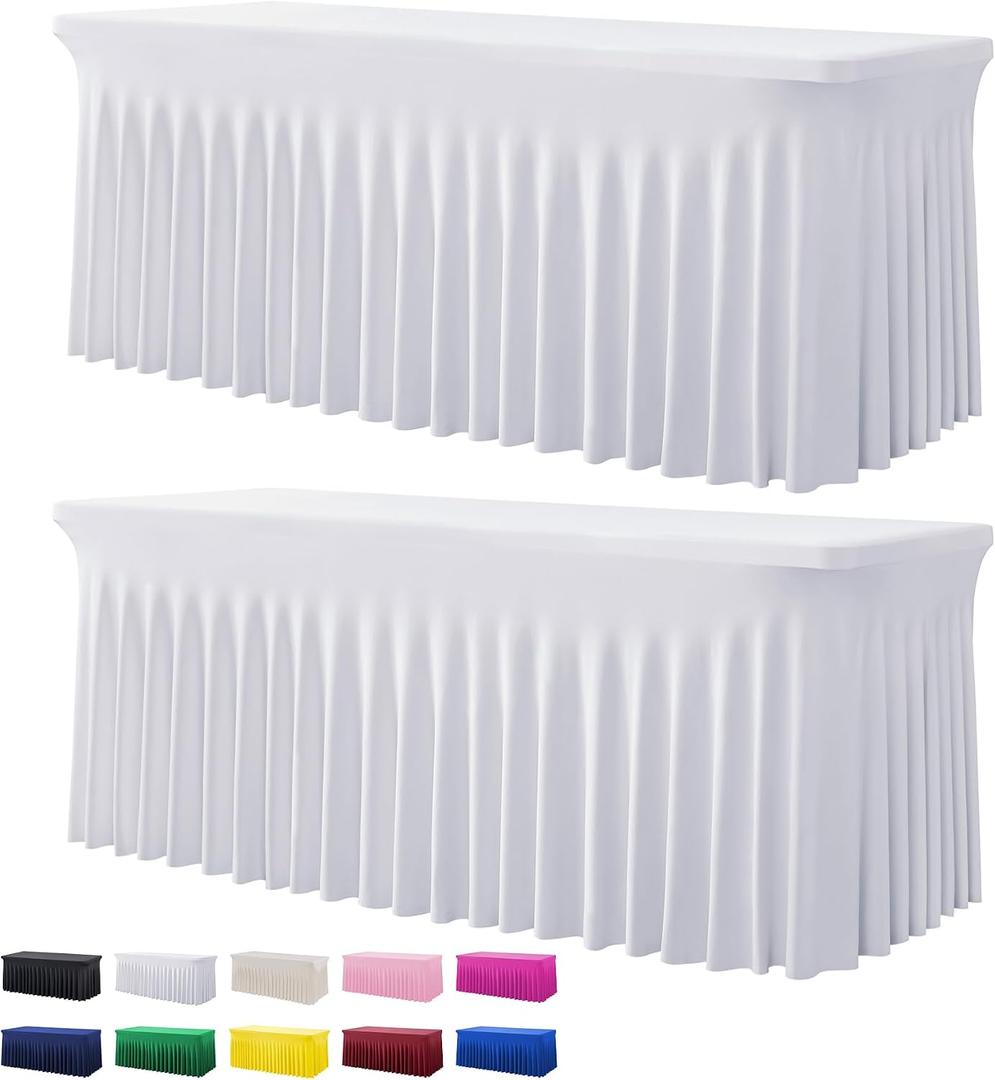 2 Pack White Spandex Table Clothes for 6 Foot Rectangle Tables, Wrinkle Free Fitted Table Cover 6ft Stretch Tablecloths Desk Skirt for Parties Weddings Birthday Banquet Baby Shower