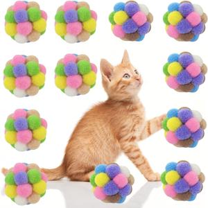 AQSXO 2 Inches Cat Toy Balls with Bell, Colorful Soft Fuzzy Balls, Cat Toys for Indoor 12 Pieces.