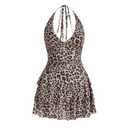 BEAUDRM Women's Y2K Leopard Print Halter Dress Sexy Ruched Tie Backless Tiered Layer Mini Dresses Cheetah Mesh Ruffle Dress, XL