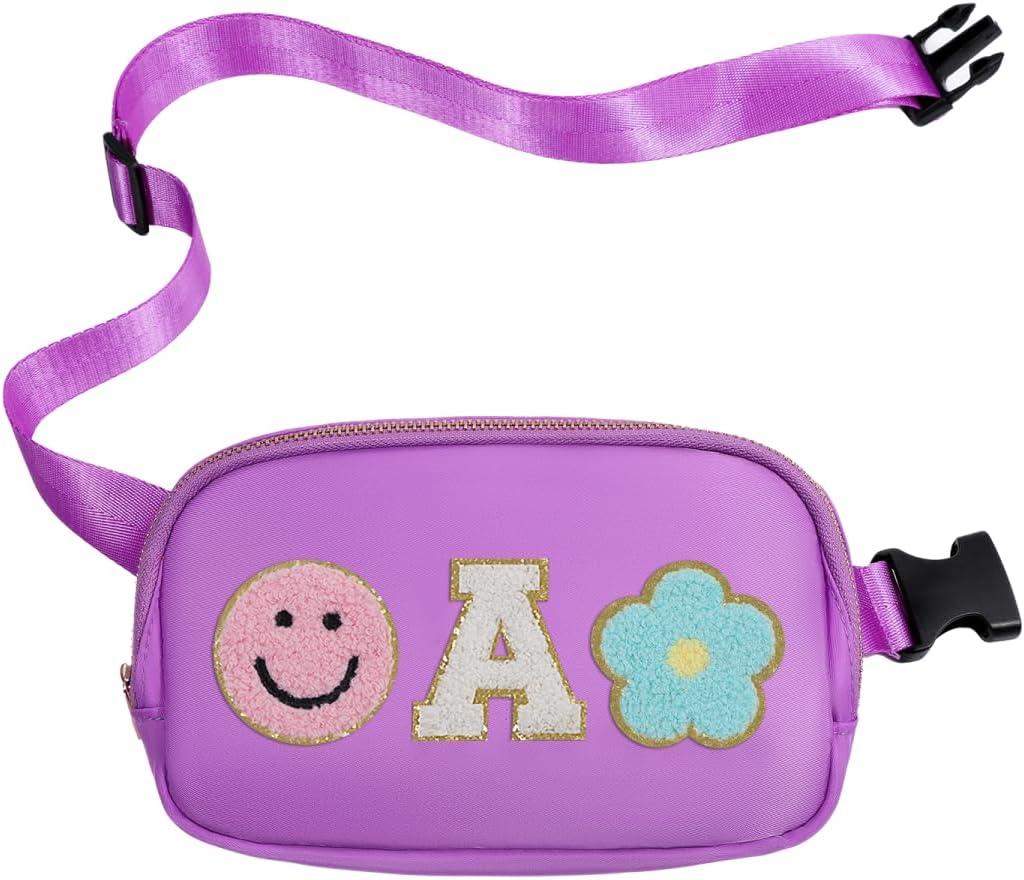 Fanny Pack For Girls Purple Kid Crossbody Bag Chenille A Letter Preppy Belt Bag, Christmas Birthday Graduation Gifts For Girl Teen Daughter Sister, Personalized Nylon Fanny Packs