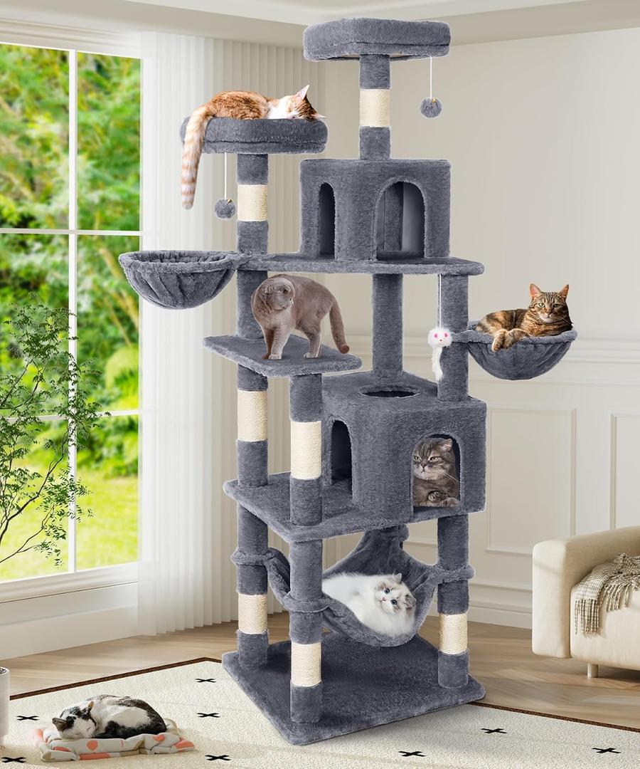 AMHANCIBLE Cat Tree, 70 Inch Tall Cat Tower for Indoor Cats, Multi-Level Cat Tree with Scratching Post, Hammock, Hanging Basket, Large Cat Condos for Adult Cats Kittens, Grey, PT18GY