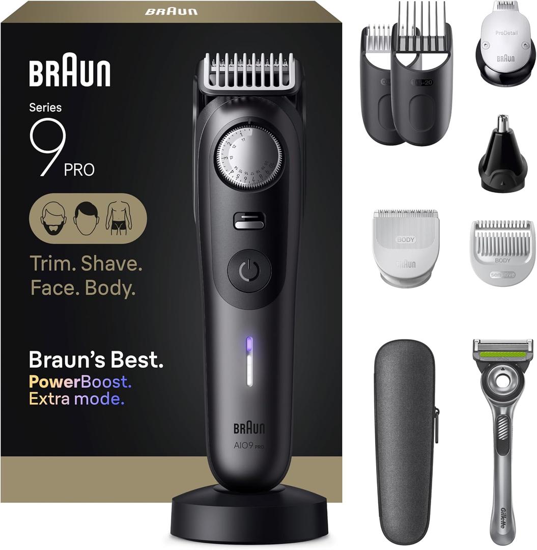 Braun Series 9 PRO All-in-One Beard & Body Grooming Kit for Men, Cordless Trimmer, Hair Clippers & Shaver for Face, Hair & Body with Gillette Labs Razor, AIO 9555