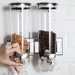 DOONARCES 3L Wall Mount Double Cereal Dispenser, Dual Control Food Dispensers Dry Food Storage Container with 2Cups for Coffee Bean Rice Candy Oatmeal Nuts, ABS Material (Silver), Dispensers 1Broken 1new