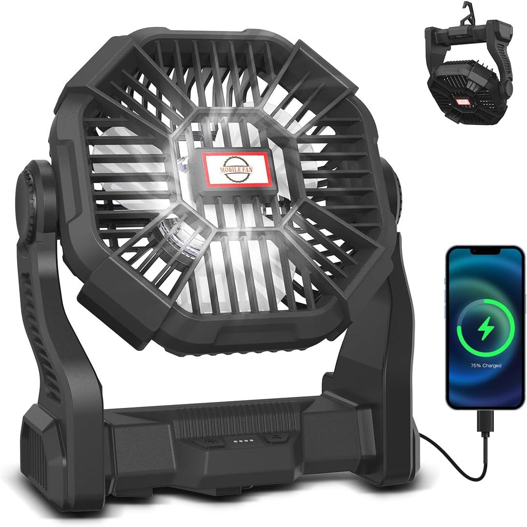 Portable Camping Fan with LED Light, 20000mAh Rechargeable Battery, Adjustable Brightness & Speed, Hanging & Handheld Design, Long-lasting Power for Camping, Hiking, Fishing, Travel, and Home (Black) 