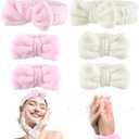 6PCS Spa Headband and Wristband Set for Women & Girls - Soft Skincare Face Wash Headbands with Bows, Makeup Headbands, and Wrist Towels (Beige+Pink, Large) (1 Count (Pack of 6))