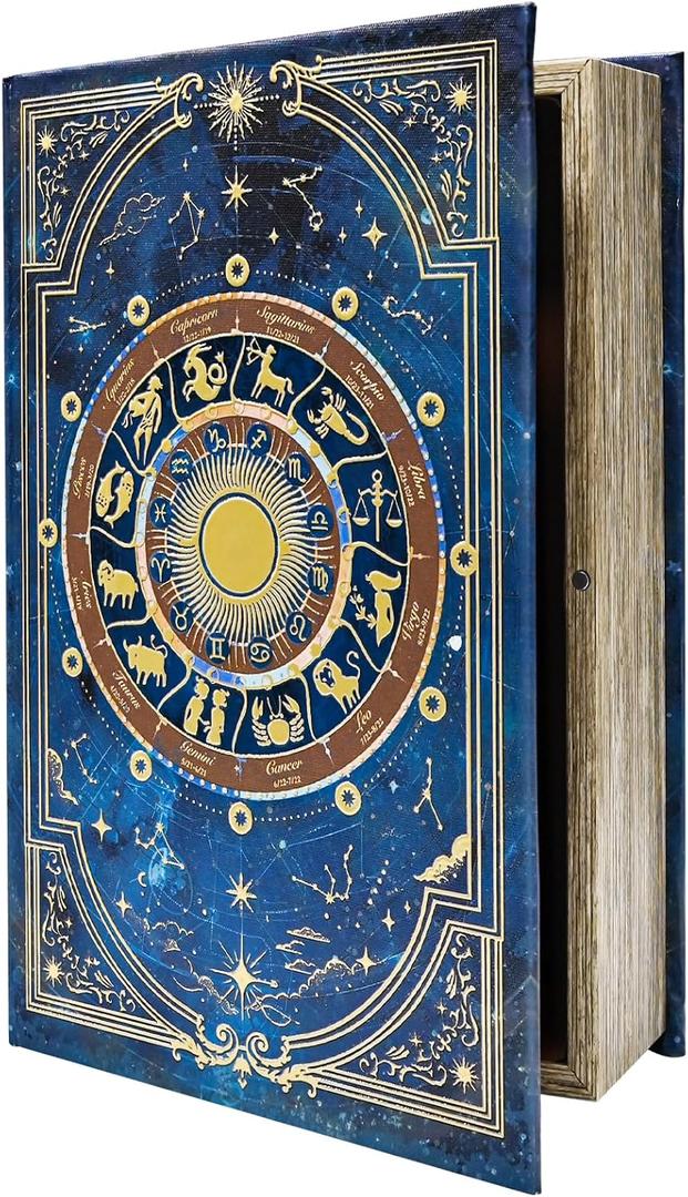 Vintage Tarot Card Storage Box, Astrology Book-Shaped Wooden Keepsake Box with Magnetic Closure, Handmade Canvas Gold Foil Large Size Fake Book for Home Office