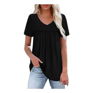 WEESO Womens T Shirts Short Sleeve Pleated Dressy Casual V Neck Summer Tops Blouses (Black, M)